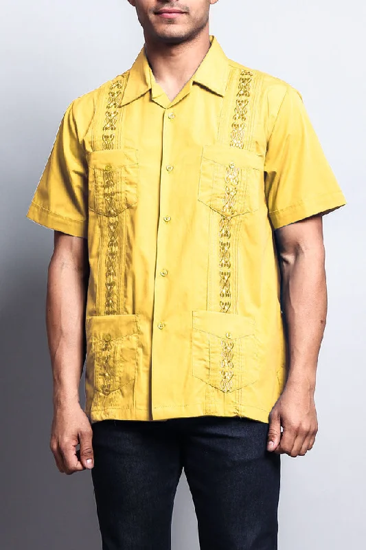 Bold Colors Men's Short Sleeve Cuban Style Guayabera Shirt (Yellow)
