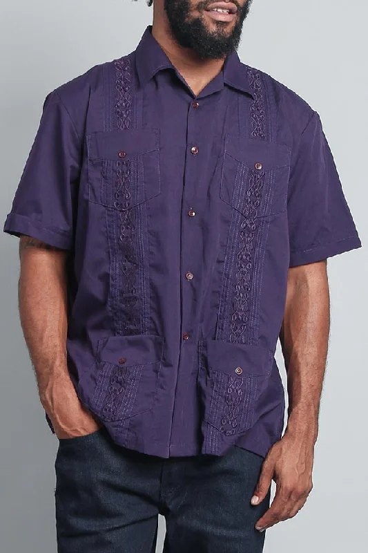 Premium T-shirts Men's Short Sleeve Cuban Style Guayabera Shirt (Dark Purple)