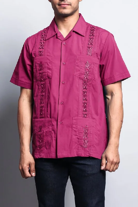 Street Outfit Men's Short Sleeve Cuban Style Guayabera Shirt (Fuchsia)