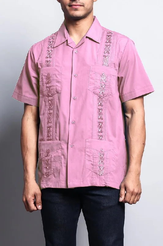 Relaxed T-shirts Men's Short Sleeve Cuban Style Guayabera Shirt (Pink)