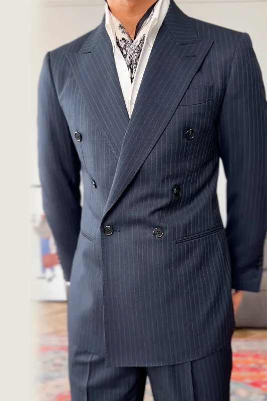 Fashion Jeans Navy Blue Slim Fit Pinstripe 2 Piece Double Breasted Suit