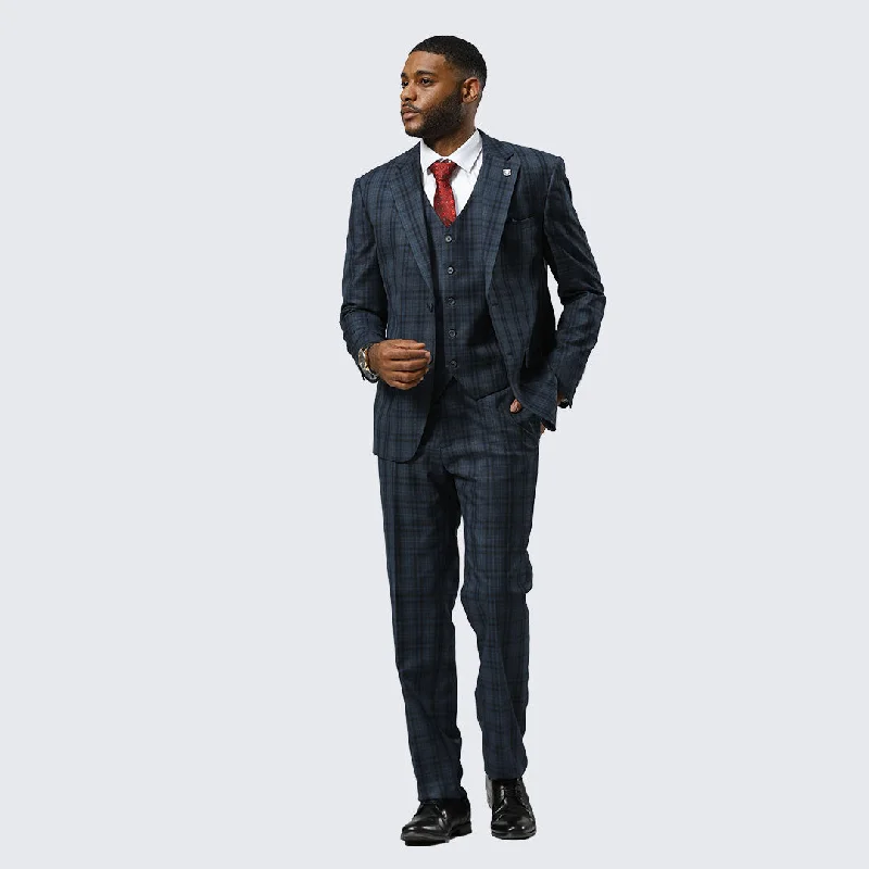 Summer Wear Navy Blue Watch Plaid Three Piece Suit By Stacy Adams- Wedding - Prom