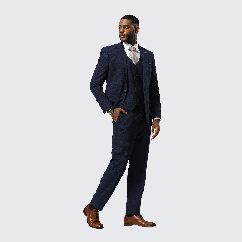 Vintage Style Navy Canvas Print Three Piece Suit By Stacy Adams - Wedding - Prom