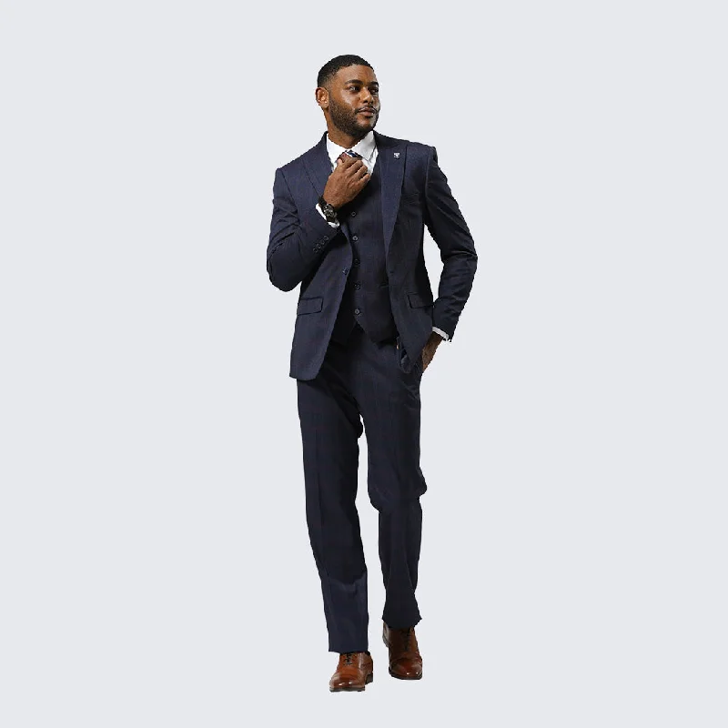 Modern Outfit Navy Glen Check Three Piece Suit By Stacy Adams - Wedding - Prom