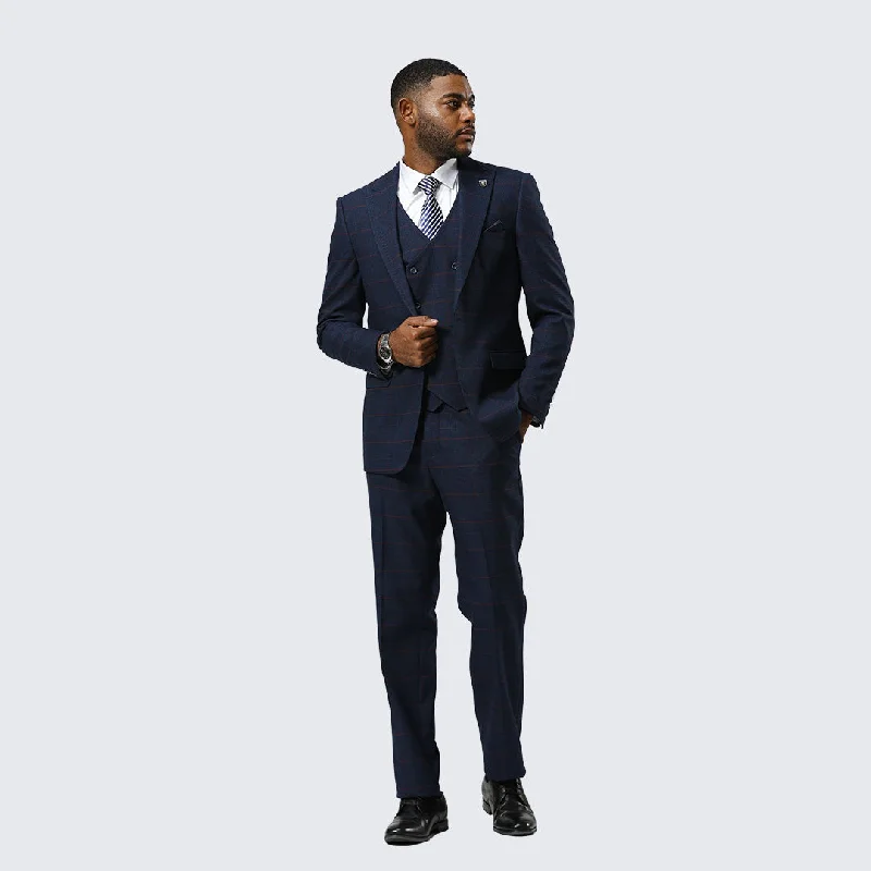 Trendy Sweaters Navy Plaid Three Piece Suit By Stacy Adams - Wedding - Prom
