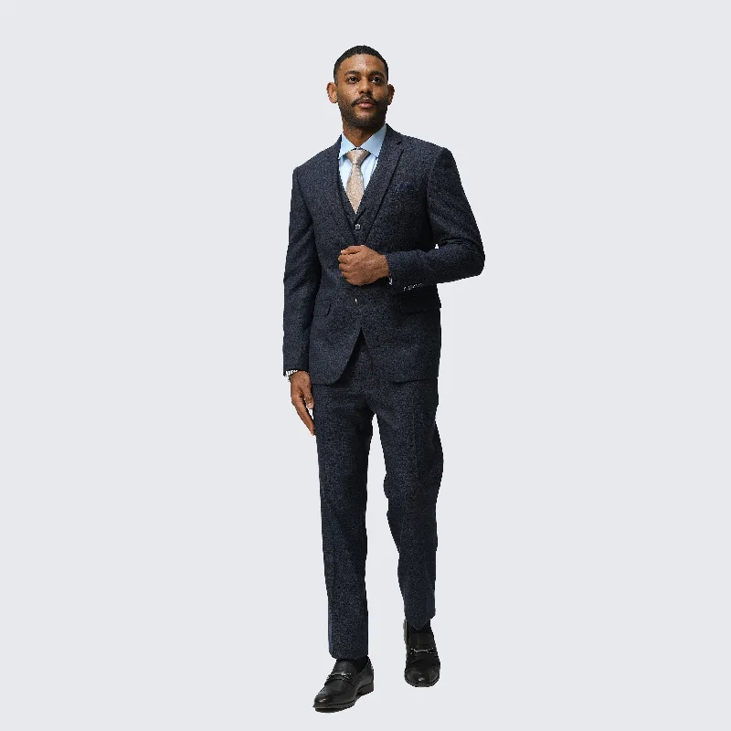 Cool Pieces Navy Blue Tweed Suit Three Piece Set - Wedding - Prom