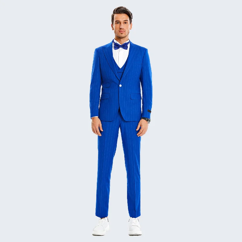 Bold Colors Royal Blue Pinstripe Slim Fit Suit with Double Breasted Vest - Wedding - Prom Bold Colors Royal Blue Pinstripe Slim Fit Suit with Double Breasted Vest - Wedding - Prom