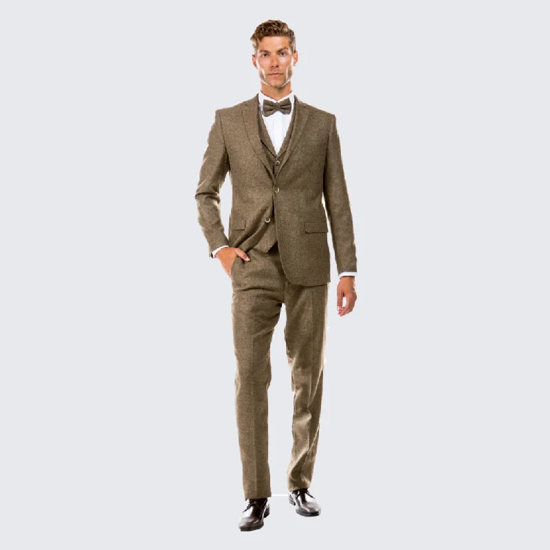 Relaxed Fit Clothing Tan Tweed Suit Three Piece Set - Wedding - Prom