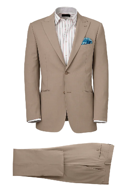 Formal Shirts Tan Wool Stretch Single Breasted Peak Lapel Suit