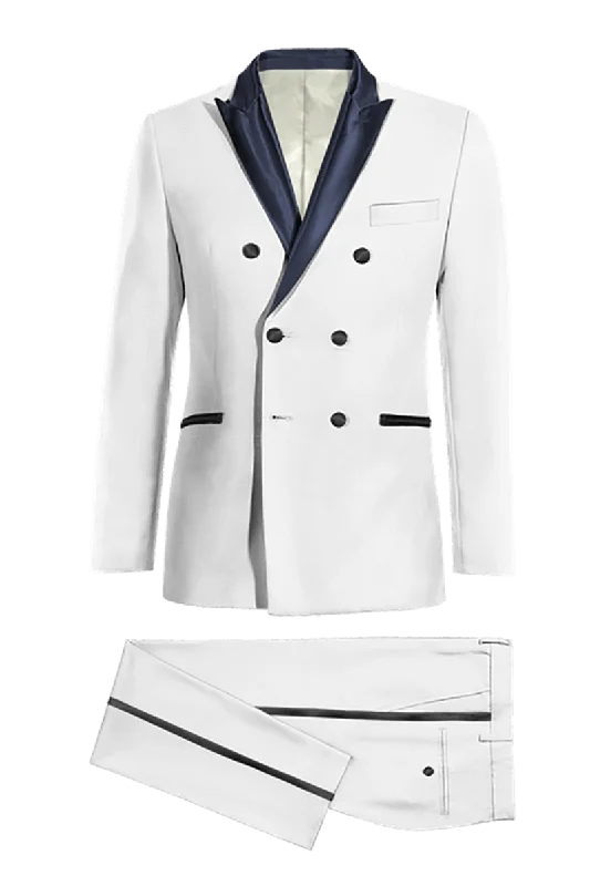 Cool Jackets White Double Breasted Tuxedo with Blue Lapel Suit