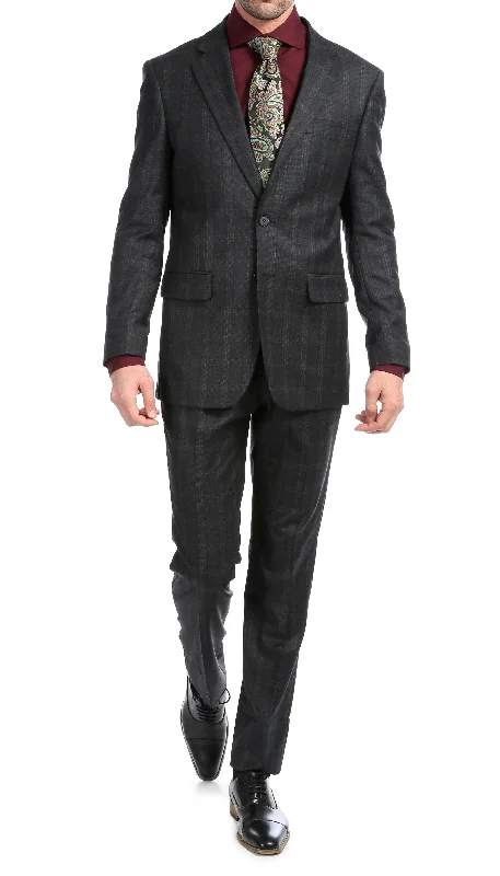 Active Styles Yves Black Plaid Check Men's Premium 2 Piece Wool Slim Fit Suit