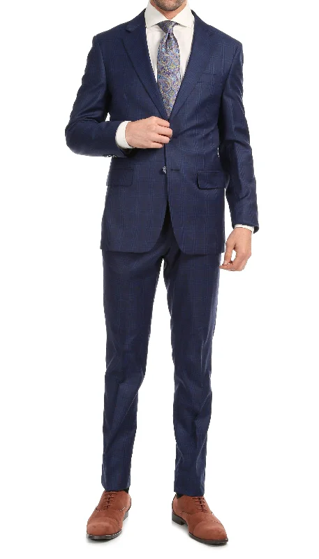 Premium T-shirts Yves Blue Plaid Check Men's Premium 2 Piece Wool Slim Fit Suit