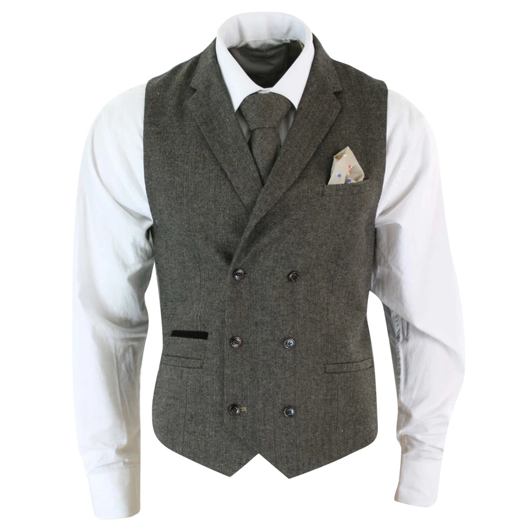 Designer Pieces Men's Herringbone Tweed Gatsby Blinders Classic Double Breasted Waistcoat