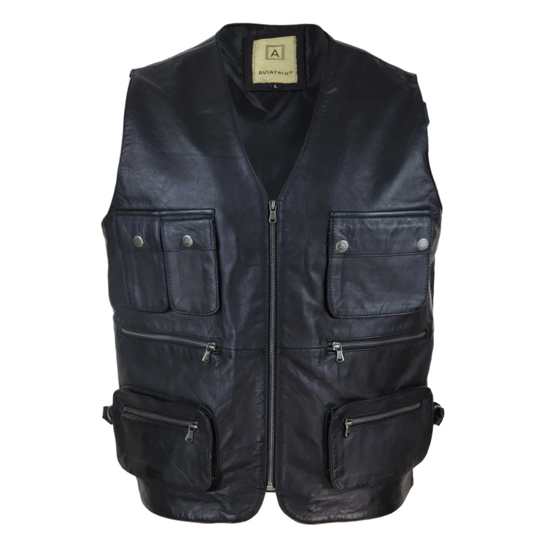 Sporty Wear Men's Black Leather Fisherman Multi Pocket Waistcoat