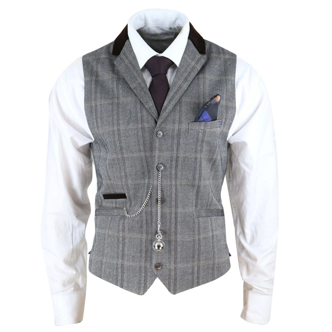 All-Season Wear Connall - Men's Herringbone Tweed Check Waistcoat Pocket Watch Blinders