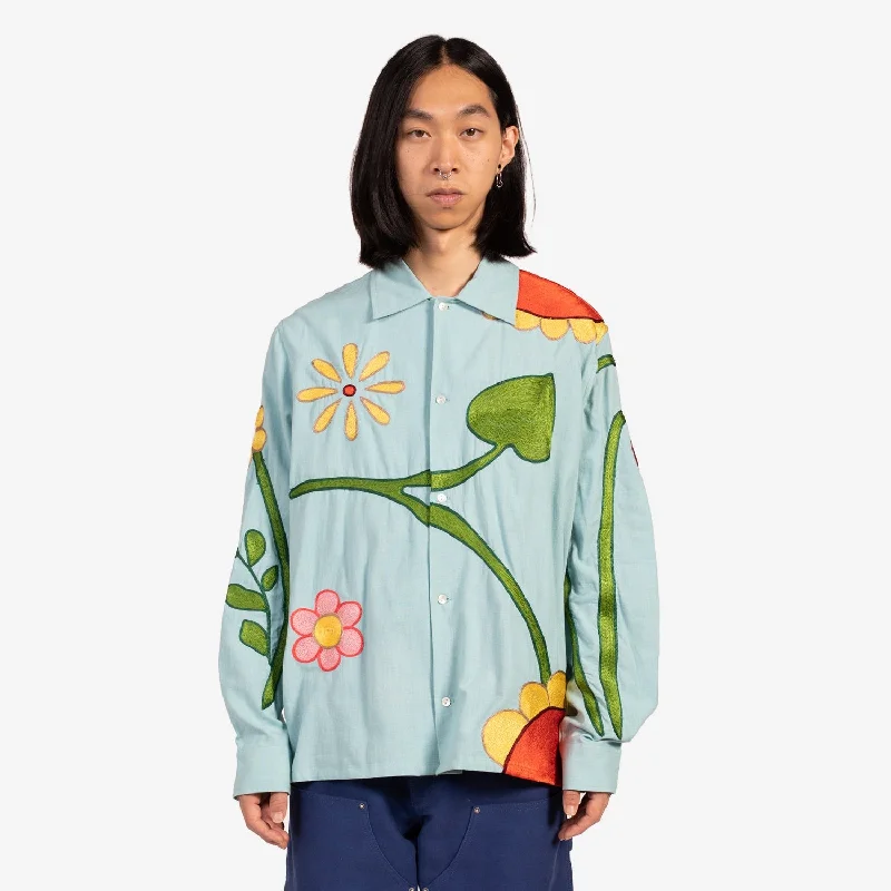 Relaxed Styles Unisex Boticelli Embroidered Flower Shirt Light Blue